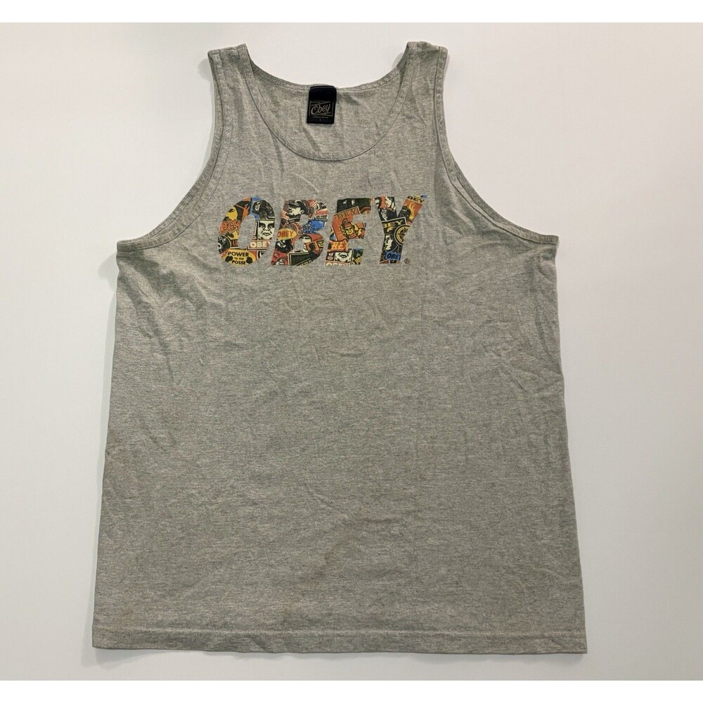 Obey Mens Graphic Logo Collage Tank Top Gray L Streetwear Skate Cotton